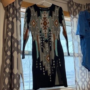 Lucky & Blessed Aztec Long Sleeve Dress - Black, Brown, Blue